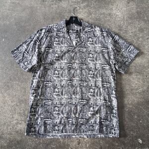 Vintage Favant Hawaiian Shirt Mens L Black Tiki Palm USA Retro Vacation